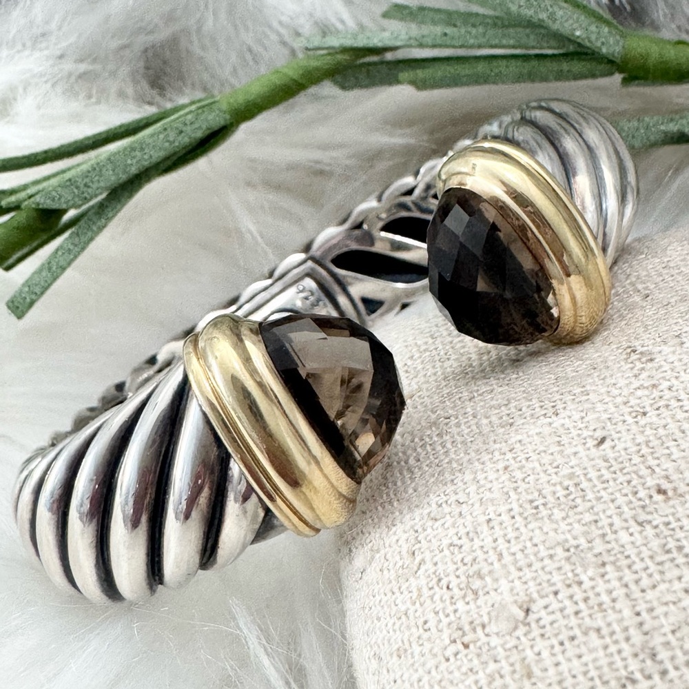 David Yurman 15MM Waverly Smokey Quartz Cable Cuff Bracelet .925/18K Gold